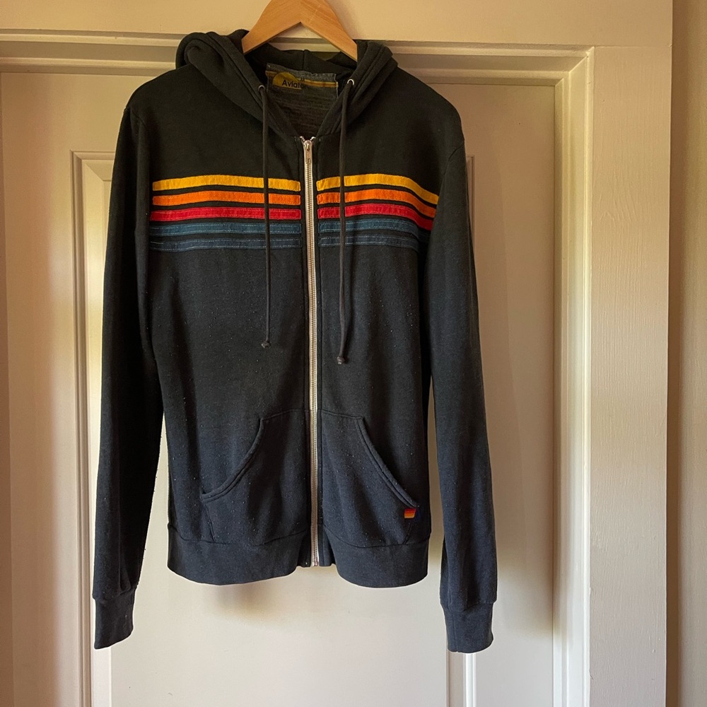 Aviator Nation Black Hoodie with Red and Orange Stripes